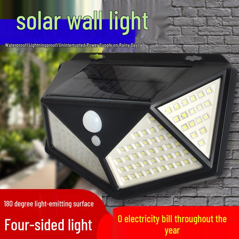 114LED Four-Sided Solar Wall Light with Motion Sensor for Outdoor Use - Ideal for Streets, Villas, and Courtyards.