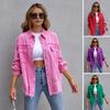 Women Denim Jacket Retro Single-breasted Ripped Hole Turn-down Collar Long Sleeves Solid Color Flap