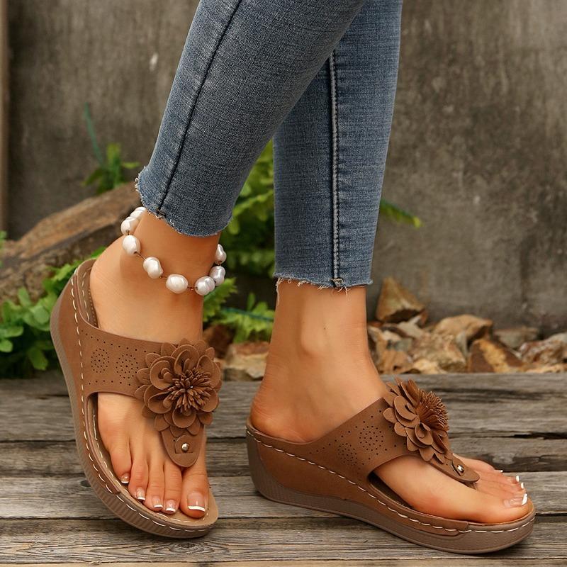 Large Size Women's Shoes Summer New Slope Heel Cool Slippers Wearing Flip-flops Female Flower Sandals
