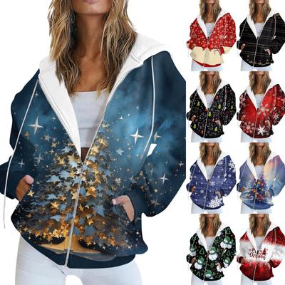 Женская модная повседневная толстовка с рождественским принтом и длинными рукавами, карманная куртка, пальто с капюшоном на молнии