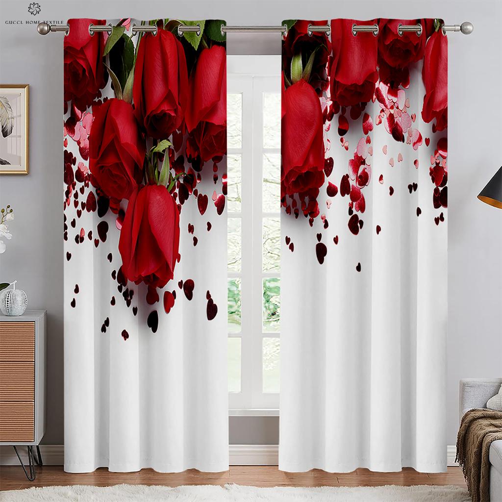 Romantic Rose Red Retro Print Curtain, Rod Pocket Curtain, Bedroom, Living Room, Kitchen, Outdoor Decorative, 2 Pieces