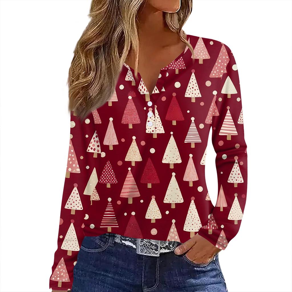 Женская футболка с рождественским принтом на пуговицах с длинным рукавом, повседневная, выходного дня, модная, базовая, с V-образным вырезом, обычная
