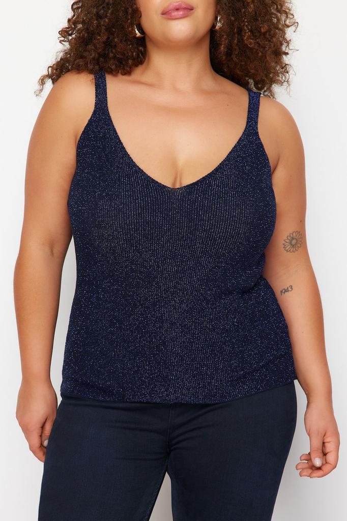 Women's Style Plus Size Gray Strappy Fine Knitted Glitter Blouse