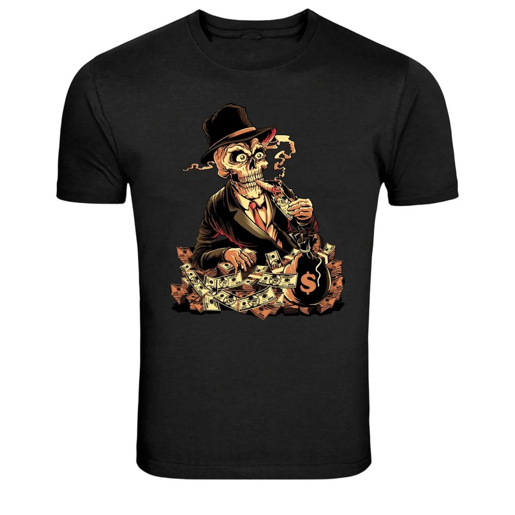 Футболка с графическим принтом «Курящий Скелет Гангстер Деньги Мафия»