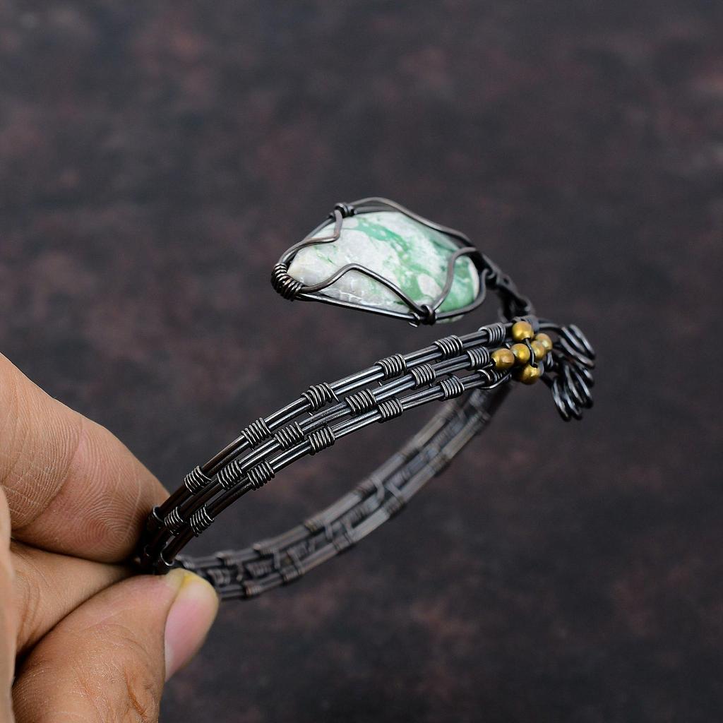 Варисцитовый браслет-манжета, обмотанный медной проволокой, браслет-манжета с драгоценным камнем, украшения ручной работы из варисцита для подарка, регулируемый браслет-манжета, украшения, обмотанные медной проволокой