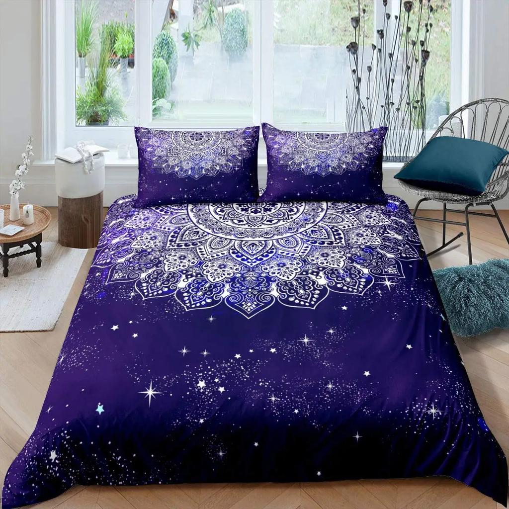 Пододеяльник Galaxy Lotus размера King Size Full Twin Синий Цветок Луна Постельный Комплект Для Подростков Взрослых Богемный Цветочный 2/3 шт.
