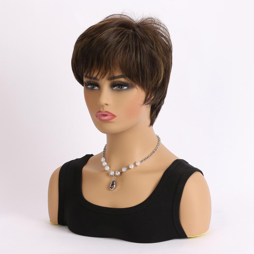 European and American Women's Front Lace Heat Resistant Fluffy Wig Fashion Daily Use Natural Looking Short Straight Synthetic Fiber Brown Wig