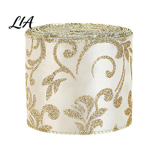 Lightweight Ribbon for DIY Projects 2.5" x 2.2 Yards Gold Sheer Christmas Tree Decoration and Retro Pattern Gift Bundling Wrapping, Translucent