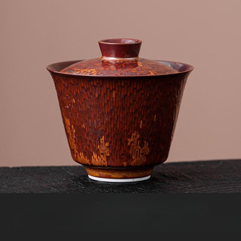 BRChestnut Brown Ceramic Tea Cup Cover Bowl Handmade Ceramic Teaset Home Vintage Thickened Kung Fu Teaset Tea Making Ceremony GiftEY