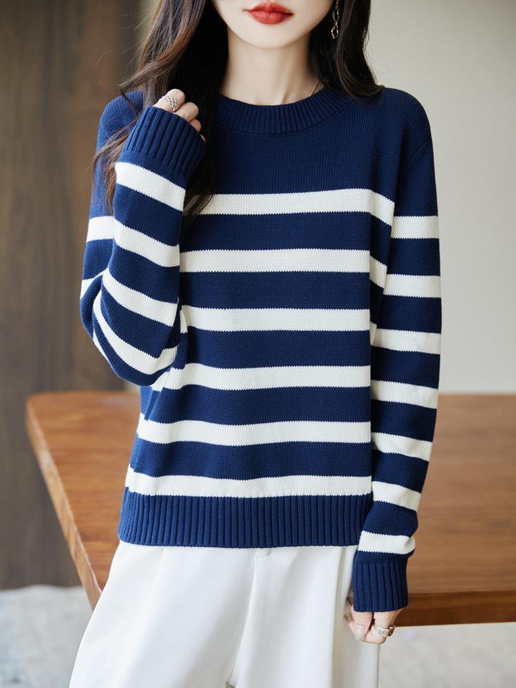 Autumn/Winter 2025 Women's Round Neck Striped Sweater - 100% Thickened Cotton Yarn Knit