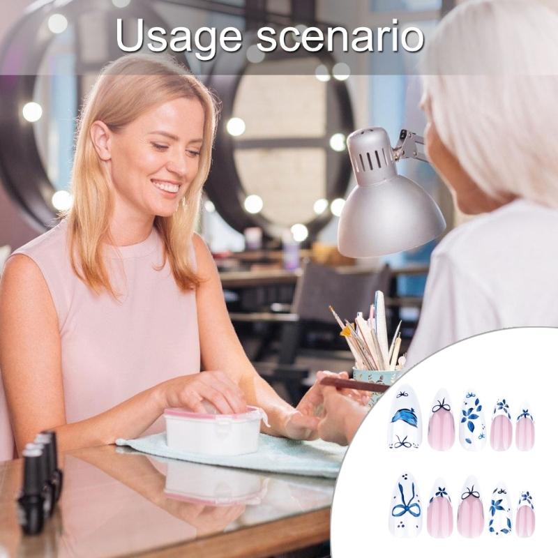 24 Pcs French Tip Press On Nail Short Almond False Nail Bows Full Cover Stick On Nail Blue Flowers Acrylic Nail