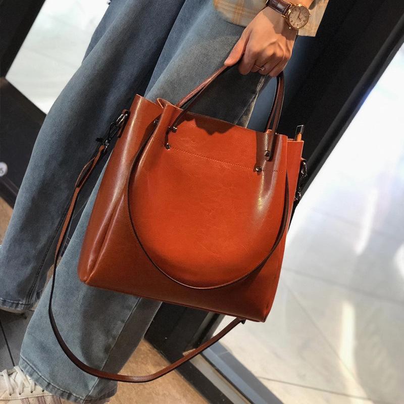 BURMINSA Vintage Genuine Leather Bucket Bags For Women Luxury Office Commute Top Handle Tote Elegant Shoulder Crossbody Handbags