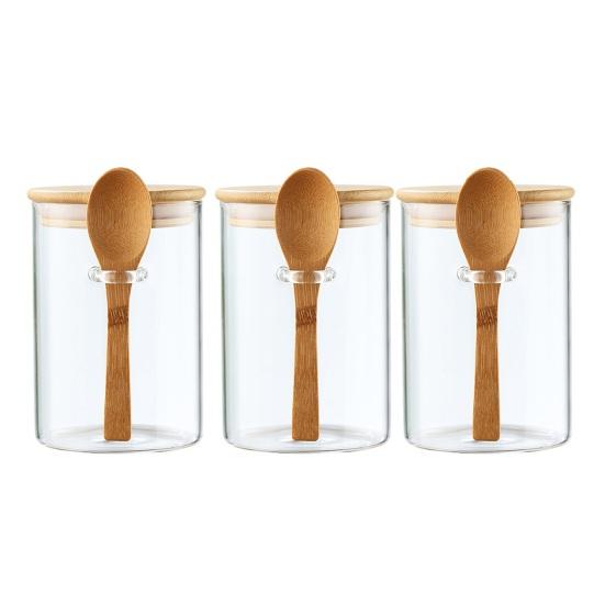 Glass Sealed Jar Transparent Glass Canister with Spoon Wooden Lid Food Storage Jar for Coffee Beans Spice Kitchen Supplies