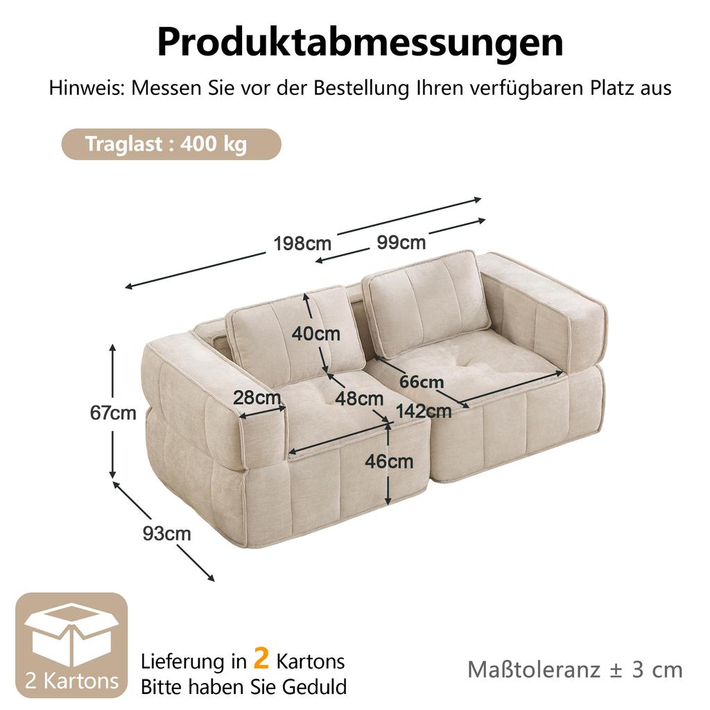 Modern Two-Seater Sofa, Modular Corner Sofa without Frame, 32D High-Density Foam, Deep Seat, Soft and Comfortable Cover, No Assembly Required, Beige.