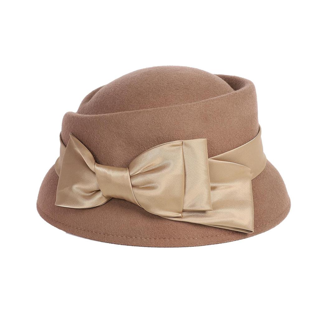 Women’s Vintage Wool Cloche Church Hat with Satin Bow Elegant Bowler Bucket Hat for Tea Party Wedding Garden Formal Events