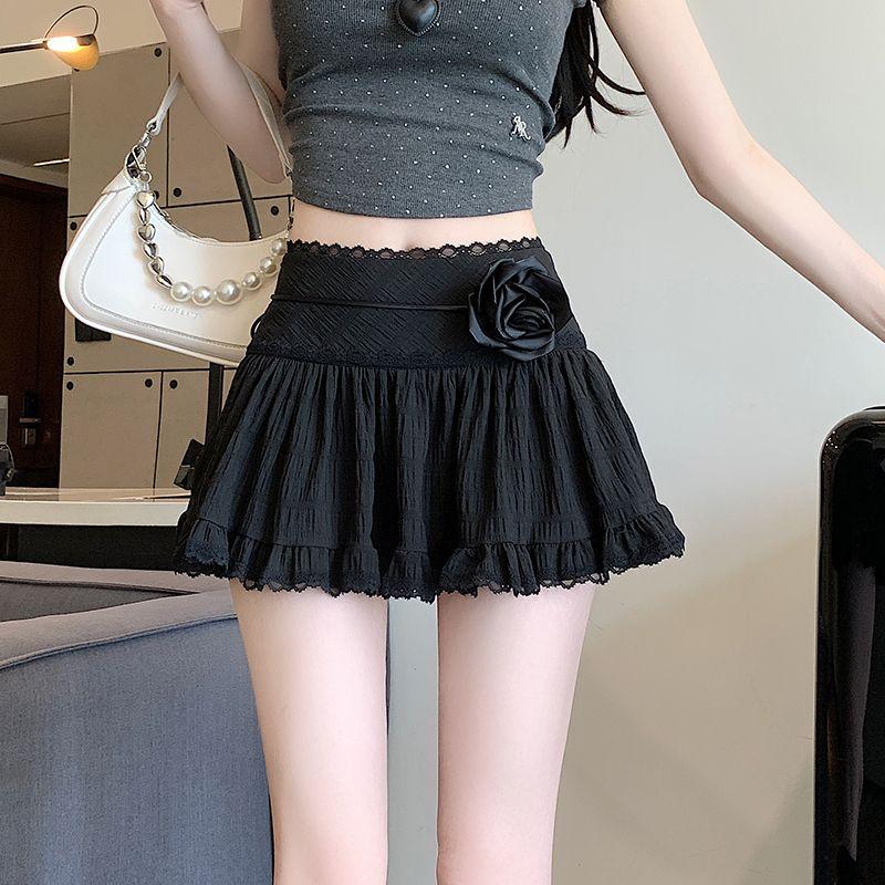 Sweet Elegant Loose Lace Short Skirt Women France Solid High Waist Ruffle Mini Skirts Female Summer Thin Lace Up Skirt