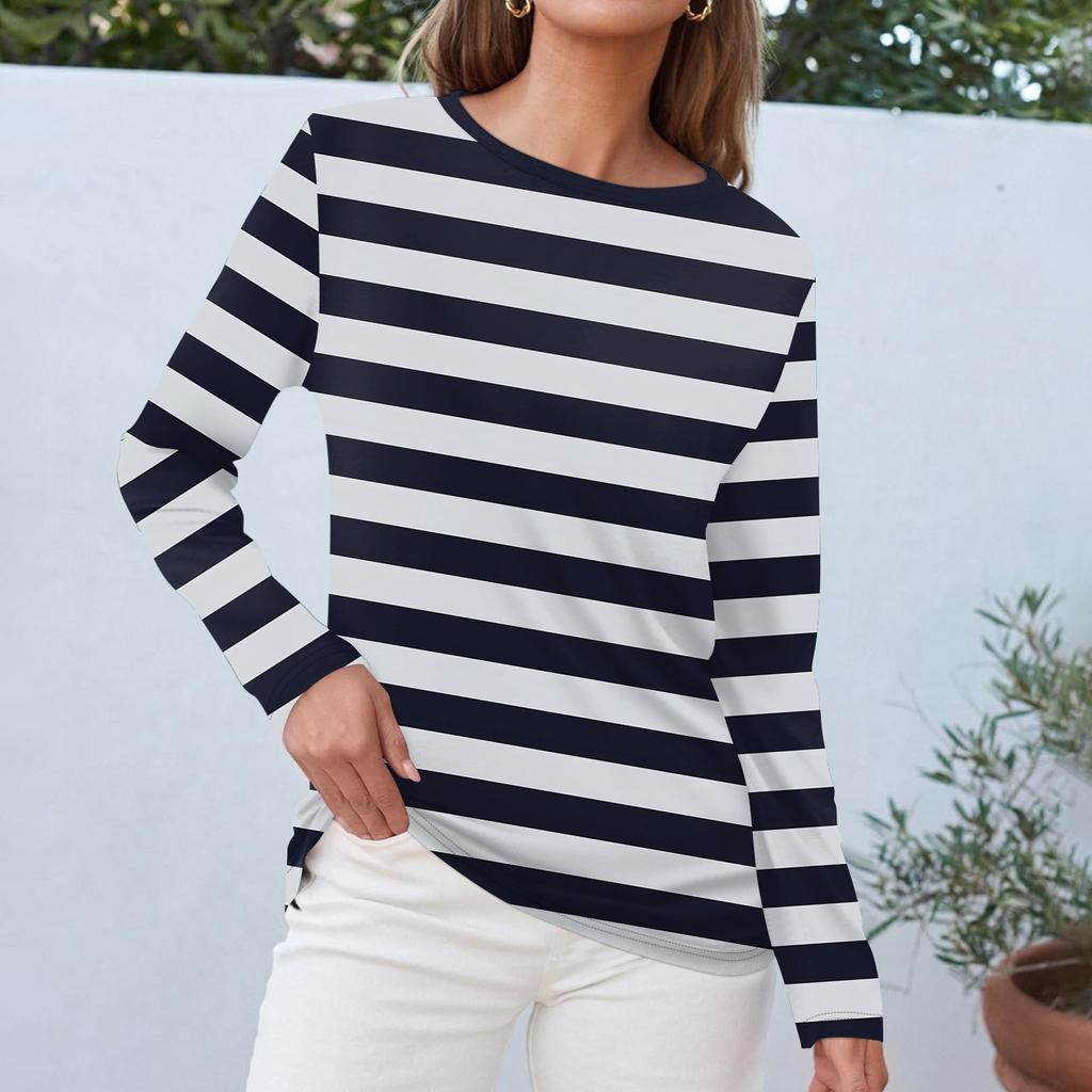 Женский повседневный топ с круглым вырезом и длинными рукавами в полоску с принтом