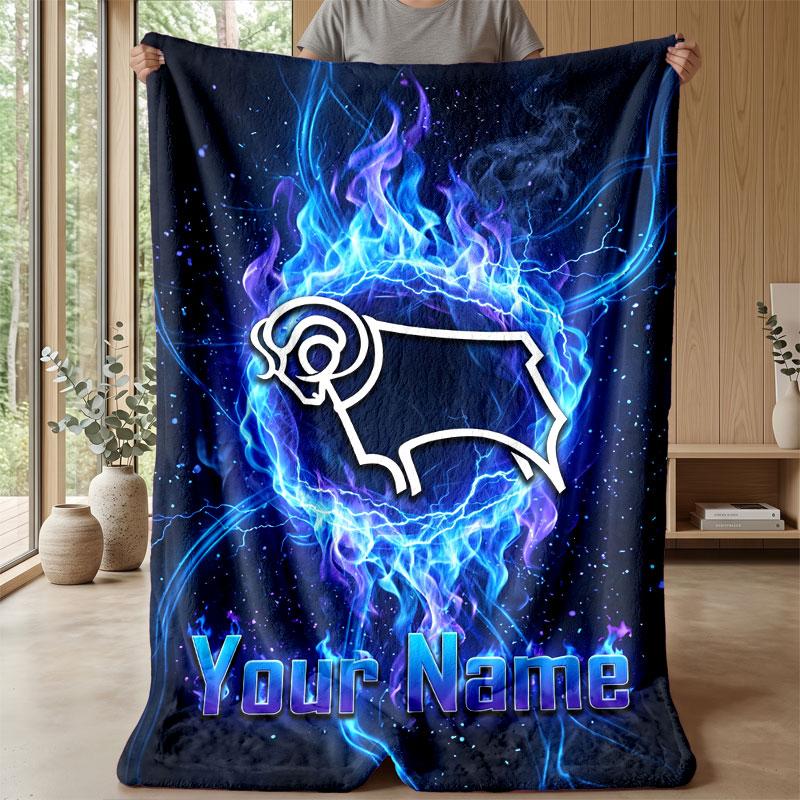 Derby County Custom Name Text Flannel Blanket Soccer Logo Personalized Fleece Throw Blanket Special Gift For Sofa Bedroom Home