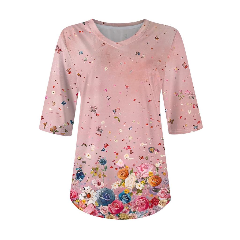 Рубашки для женщин Модные футболки с V-образным вырезом Повседневные блузки с принтом Топы с коротким рукавом для женщин