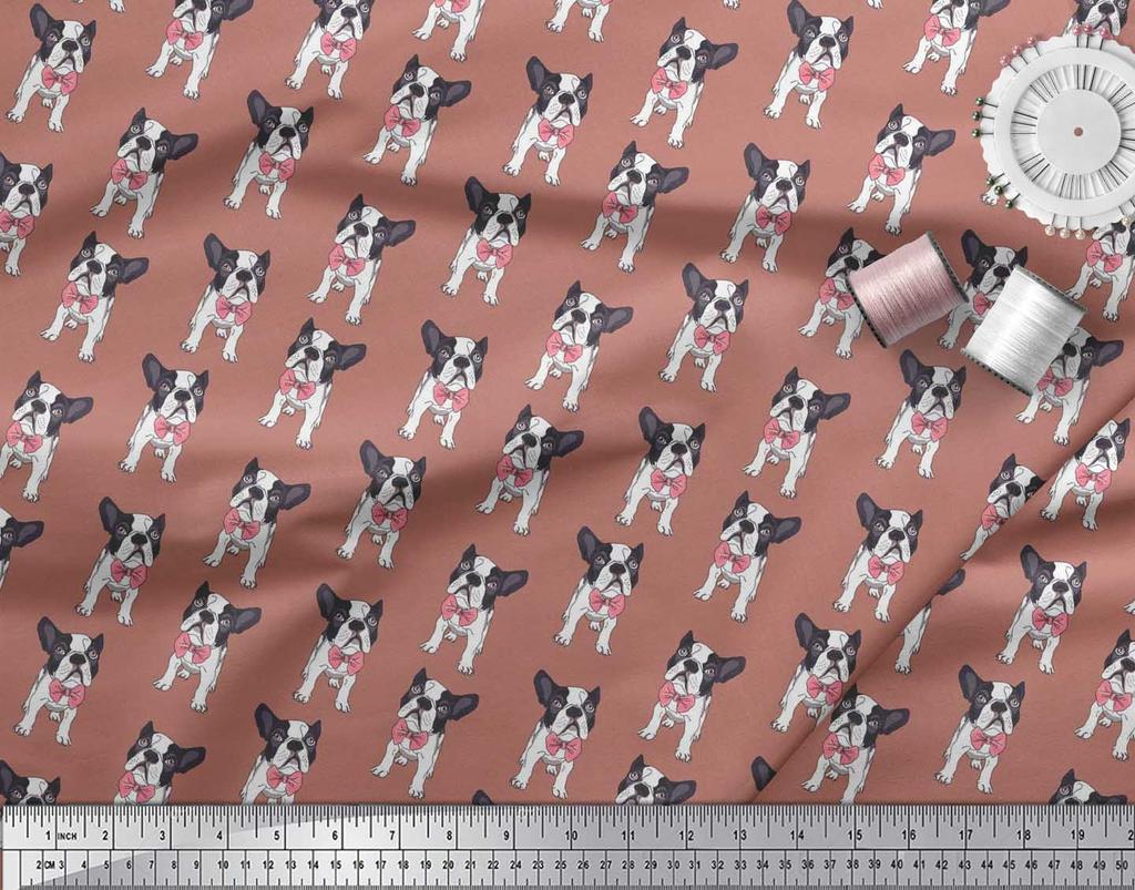 Soimoi Japan Crepe Satin Fabric Bow & Boston Terrier Dog Print Fabric by the Metre 42 Inch