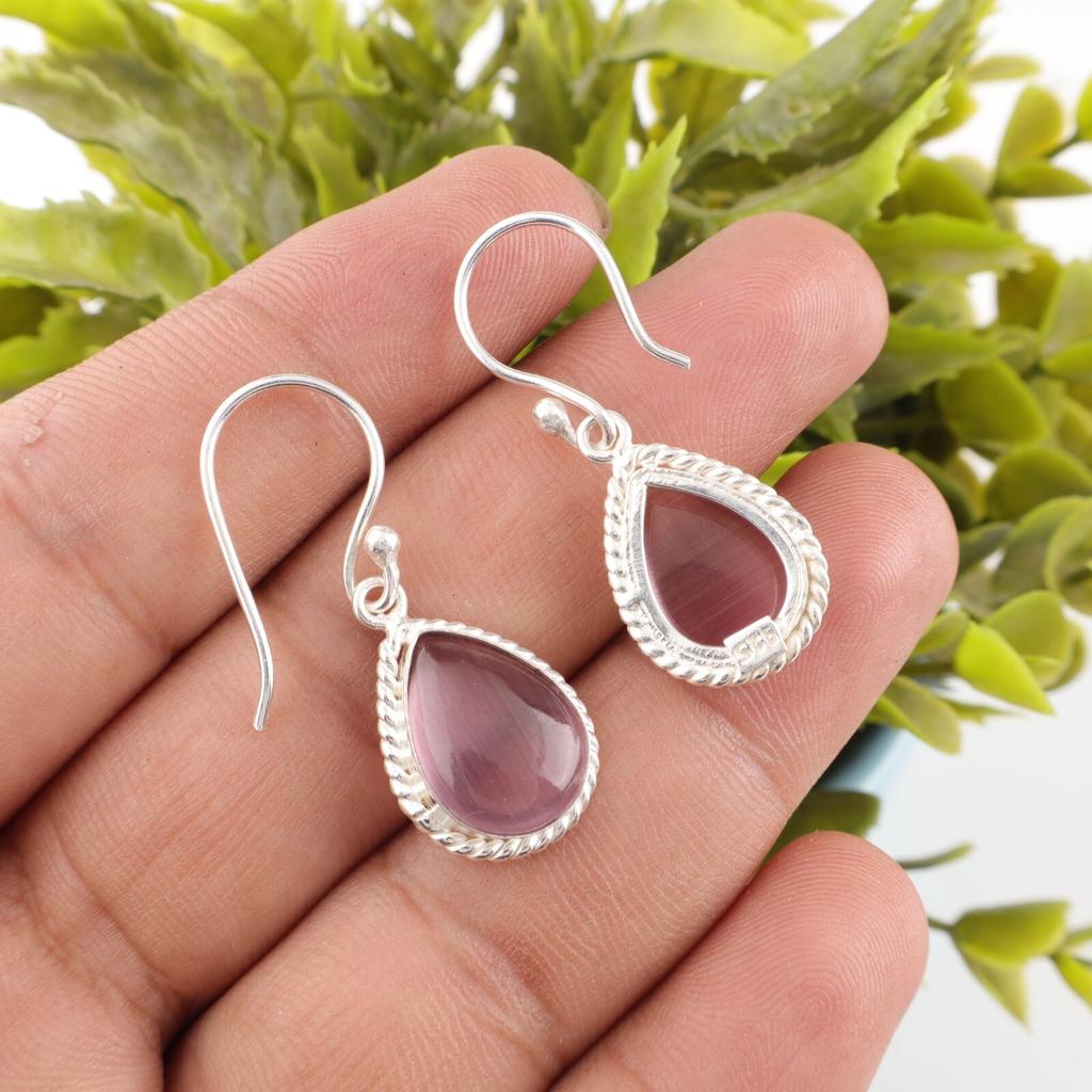 Purple Cat's Eye Gemstone 925 Fine Silver Jewelry Handmade Dangle Earrings 1.40" EE-9-40