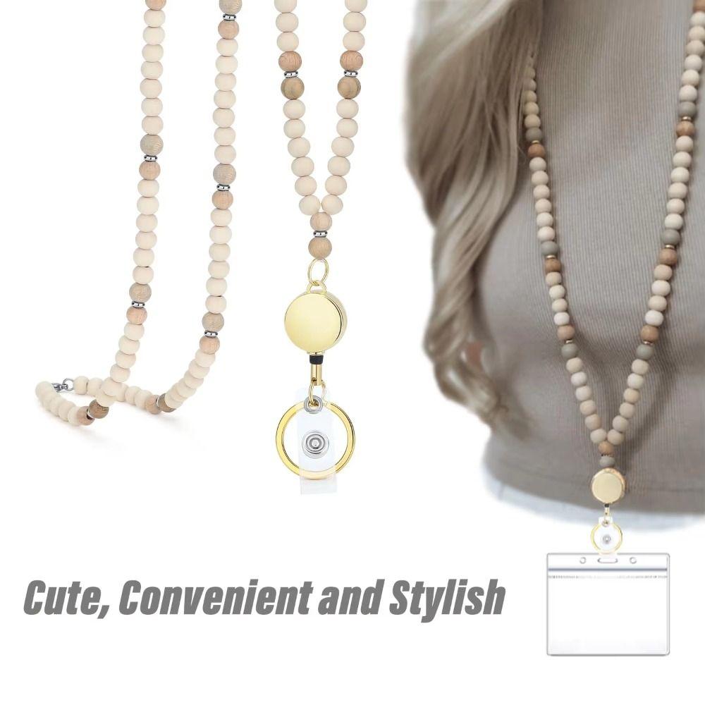 Stainless Steel Clasp Wood Beaded Lanyard Retractable Boho Keychain Necklace Cruise Ship