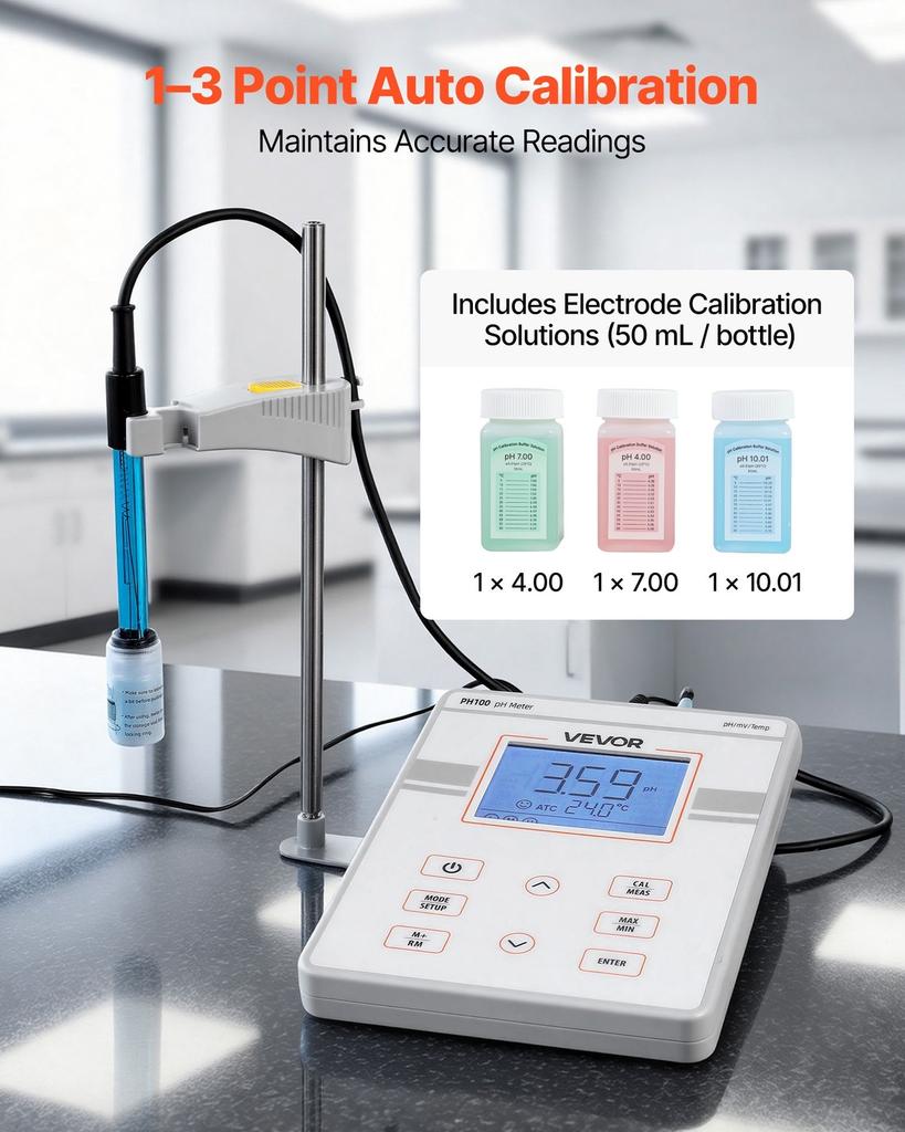 Benchtop pH Meter, 0-14 pH Range, Laboratory Tester Kit with Large Backlit Display, Calibration Solutions, Power Adapter, Stores Up to 50 Readings,