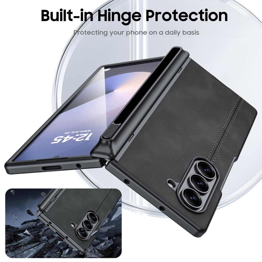 For Samsung Galaxy Z Fold 6 Phone Case With S Pen Holder, Hinge Protector and Screen Protector PU Leather Matte PC-Black