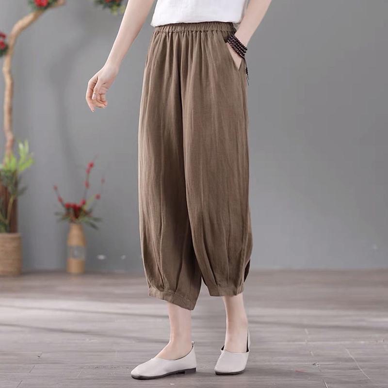 WTEMPO Укороченные брюки в стиле ретро больших размеров, свободные повседневные универсальные шаровары, тонкие женские брюки из хлопка и льна, шаровары