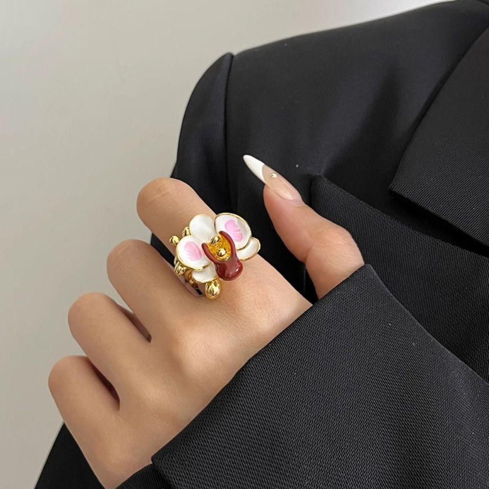 Sweet Drip Oil Flower Ring Butterfly Orchid French Irregular Ring Retro Enamel Finger Ring Jewelry