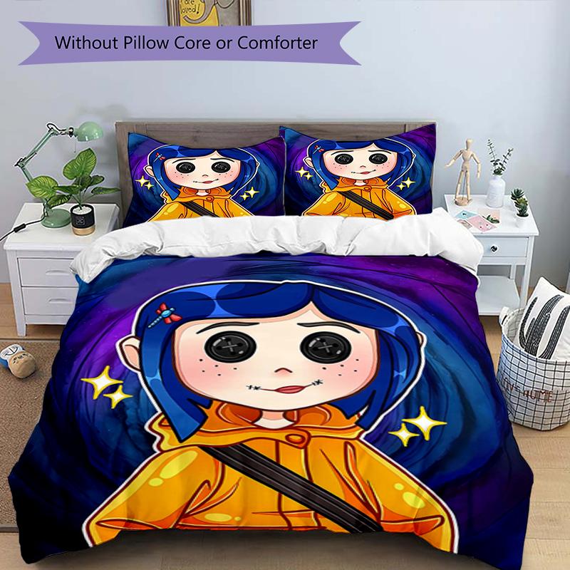 3pcs Coraline Design Cover Set - HD Printed Bedding with 1 Cover and 2 Pillowcases - Perfect for Home and Dorm Decor