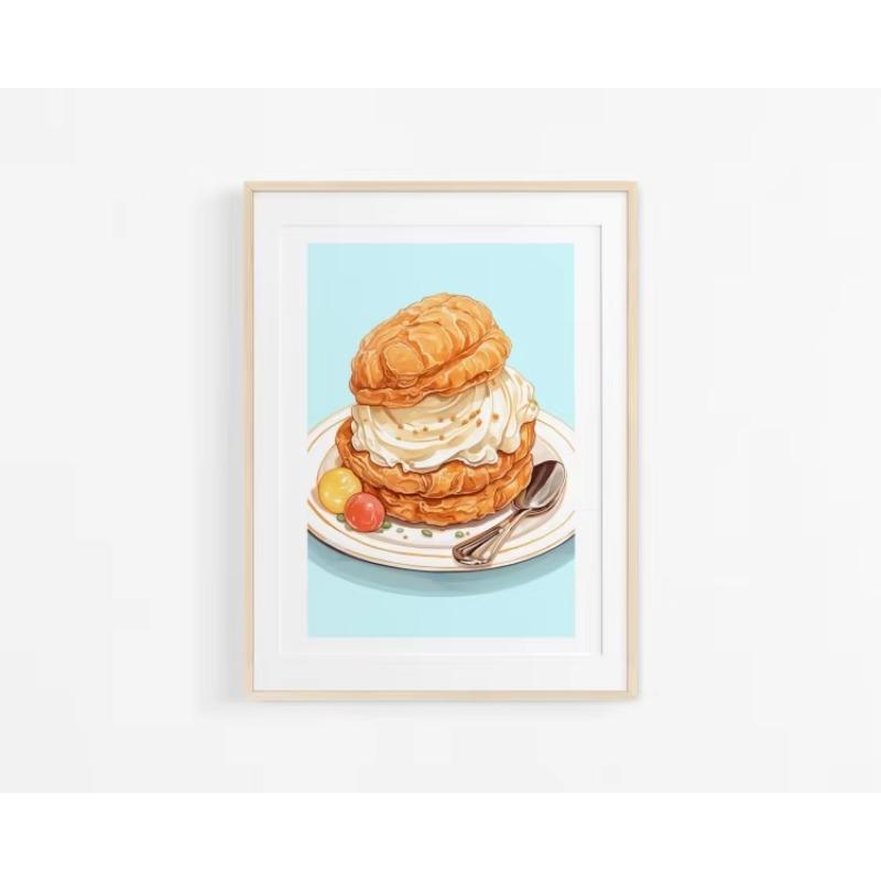 Watercolor French Pastries Berry Strawberry Cake Cream Puff Poster Wall Art Pictures Canvas Room kitchen Home Decor