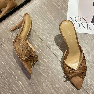 Мода Лето 2025 Новые Дышащие Босоножки с Острым Носком и Открытым Носком на Высоком Каблуке для Женщин, Босоножки из Сетки с Железным Декором в Виде Бриллиантов для Женщин, И Женщины