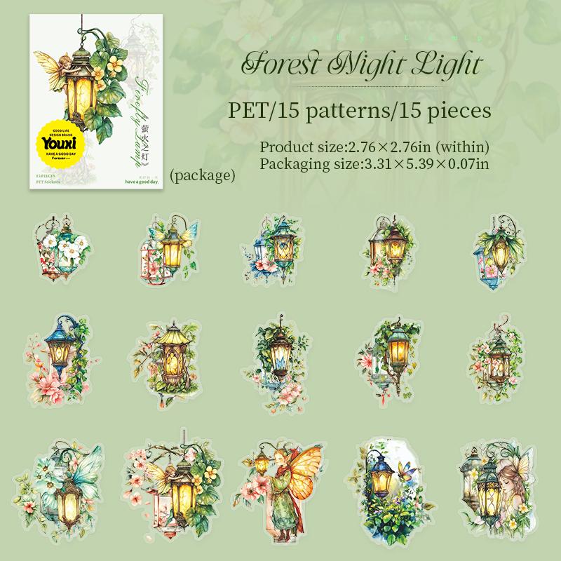 15pcs Retro Firefly Lamp PET Sticker Pack DIY Decoration Collage Handbook Scrapbooking Journal Stickers Aesthetic Stationery