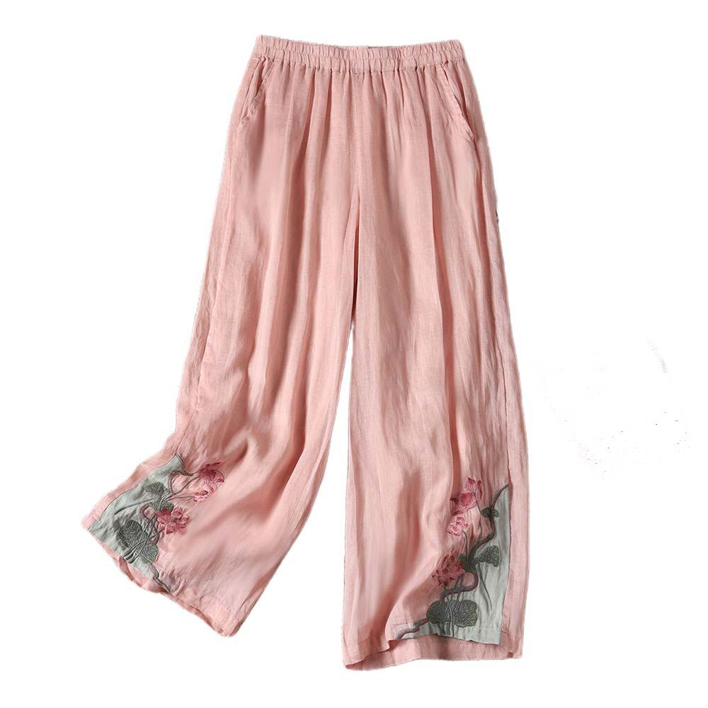 Женские ретро хлопково-льняные широкие брюки с вышивкой 2024 - Летние легкие повседневные брюки длиной до щиколотки.