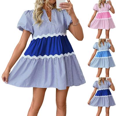 Летнее женское платье А-силуэта с кружевной полосатой вставкой, свободное и прохладное платье с воротником-стойкой