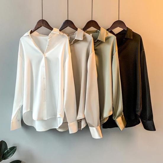Женская рубашка с лацканами, длинный рукав, однобортная рубашка, однотонная, гладкая, атласная, свободного кроя, повседневная рубашка