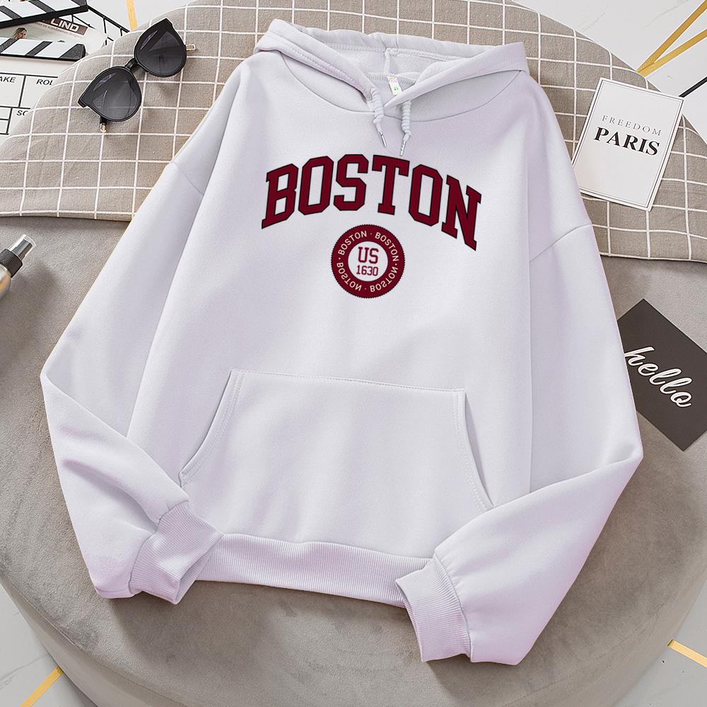 Толстовки с капюшоном Boston City Us, основанные в 1630 году, женские теплые удобные пуловеры, модные повседневные женские базовые толстовки с капюшоном