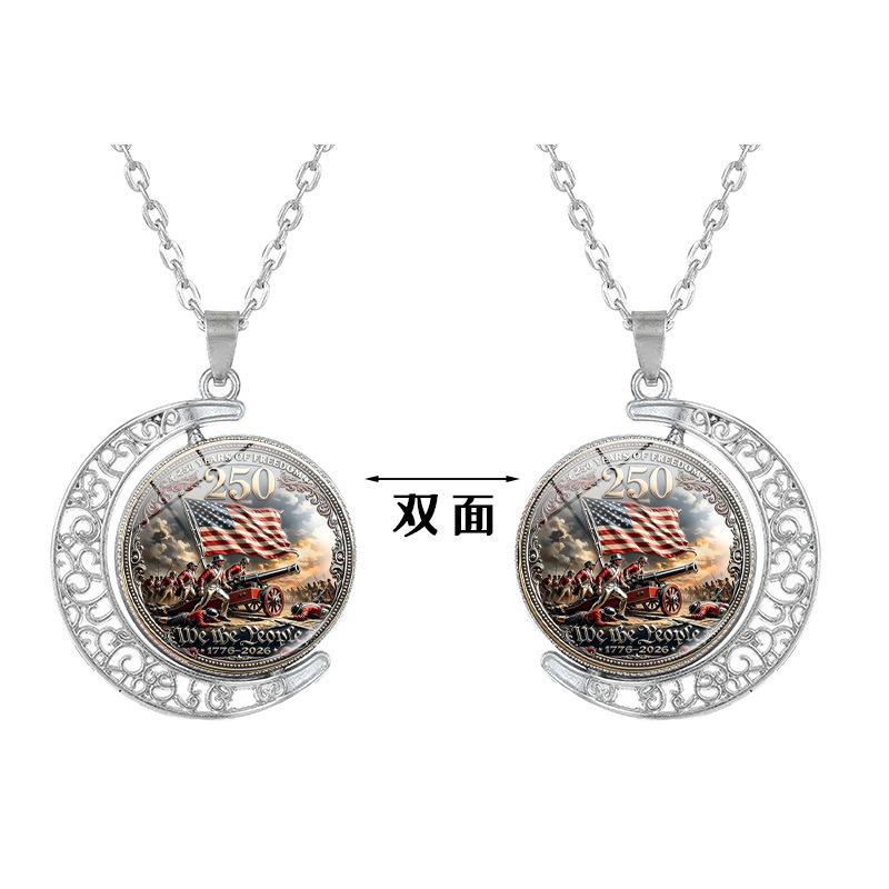 1Pc USA 250th Anniversary Double Sided Rotating Moon Alloy Necklace, Liberty Bell Flag