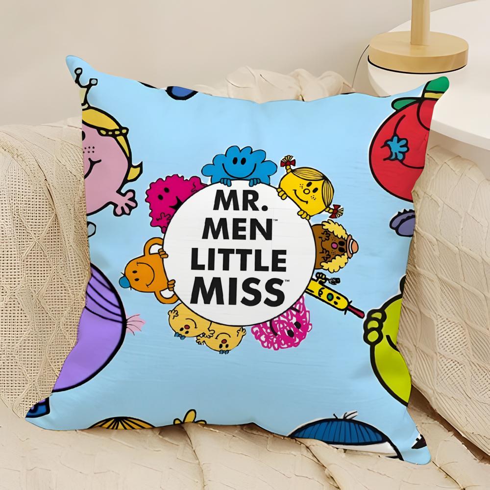 Classic Reto Cartoon MMrMen and Little Miss Pillow Case Natural Linen DoubleSided Printing Sofa Home Decor Cushion Cover
