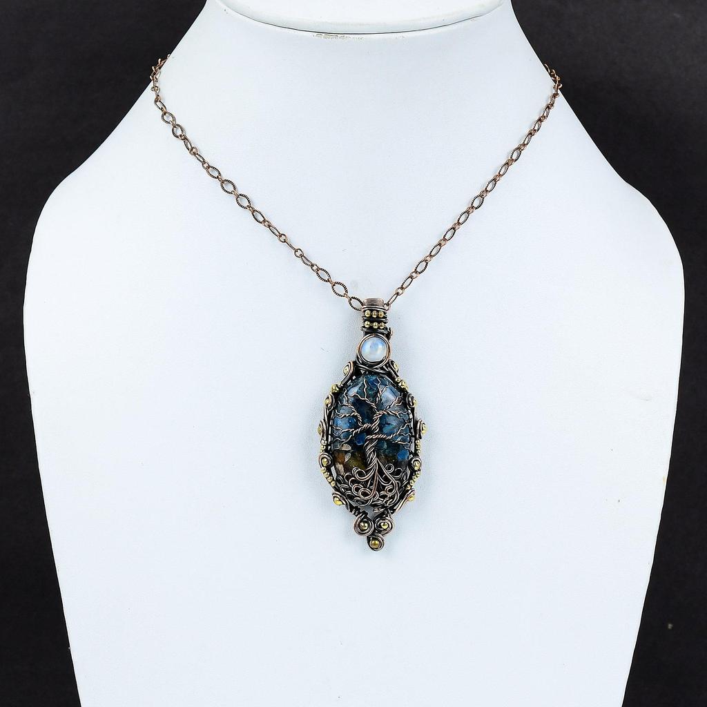 Древо жизни Подвеска с арбузом и турмалином Медная проволока Кулон в обертке Радуга Лунный камень Подвеска из драгоценного камня Медные украшения ручной работы для подарка