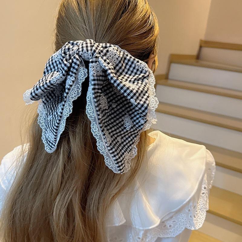 Early Spring New Arrival Charming Plaid Bow Hair Clip for Ponytail with Delicate Lace Edge