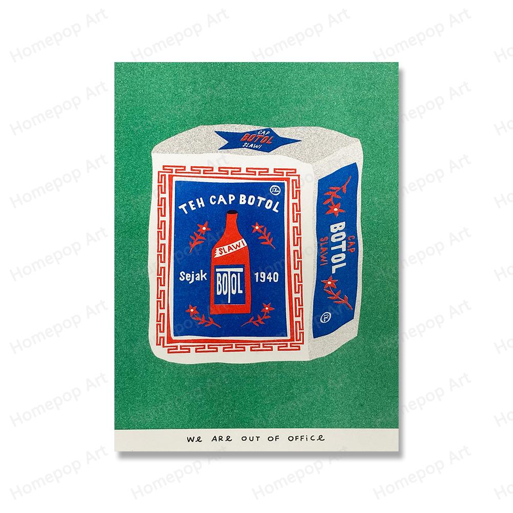 Японское ведро кокосового масла, консервированные сливы, помидоры, сардины, настенная живопись, скандинавский плакат, чай с розой, принт, картина, декор для гостиной