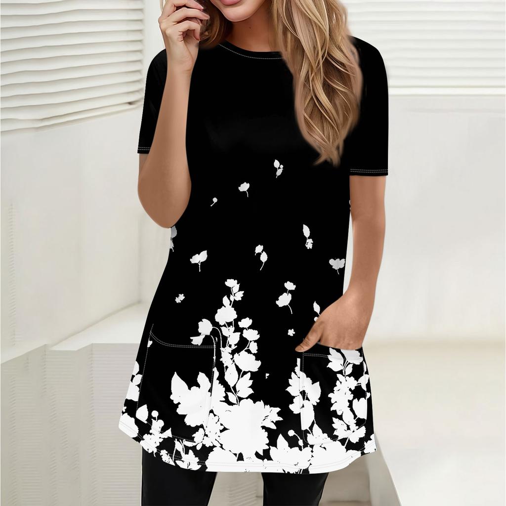 Жен. Футболка Футболка С принтом С короткими рукавами Повседневные Выходные Мода Классический Круглый вырез Карманы Обычный Топ