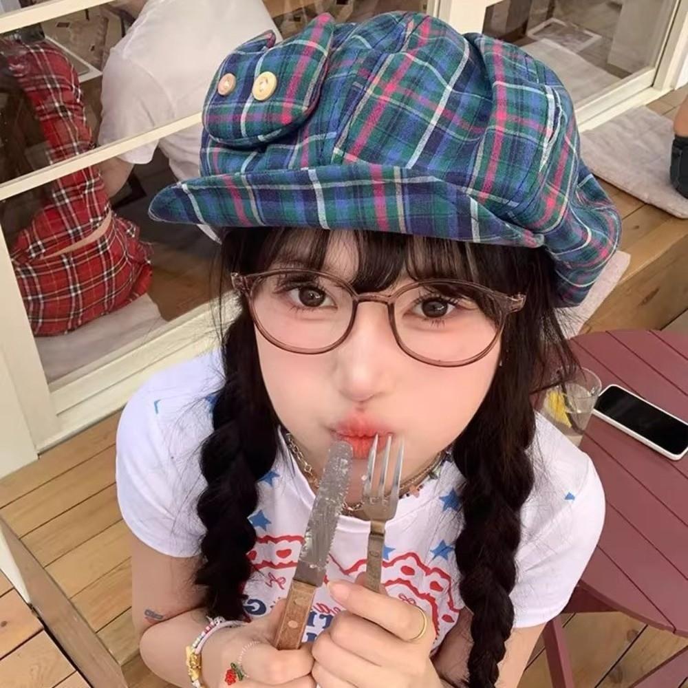 Sun Protection Plaid Cloud Berets Korean Style Octagonal Caps Ins Newsboy Cap  Female