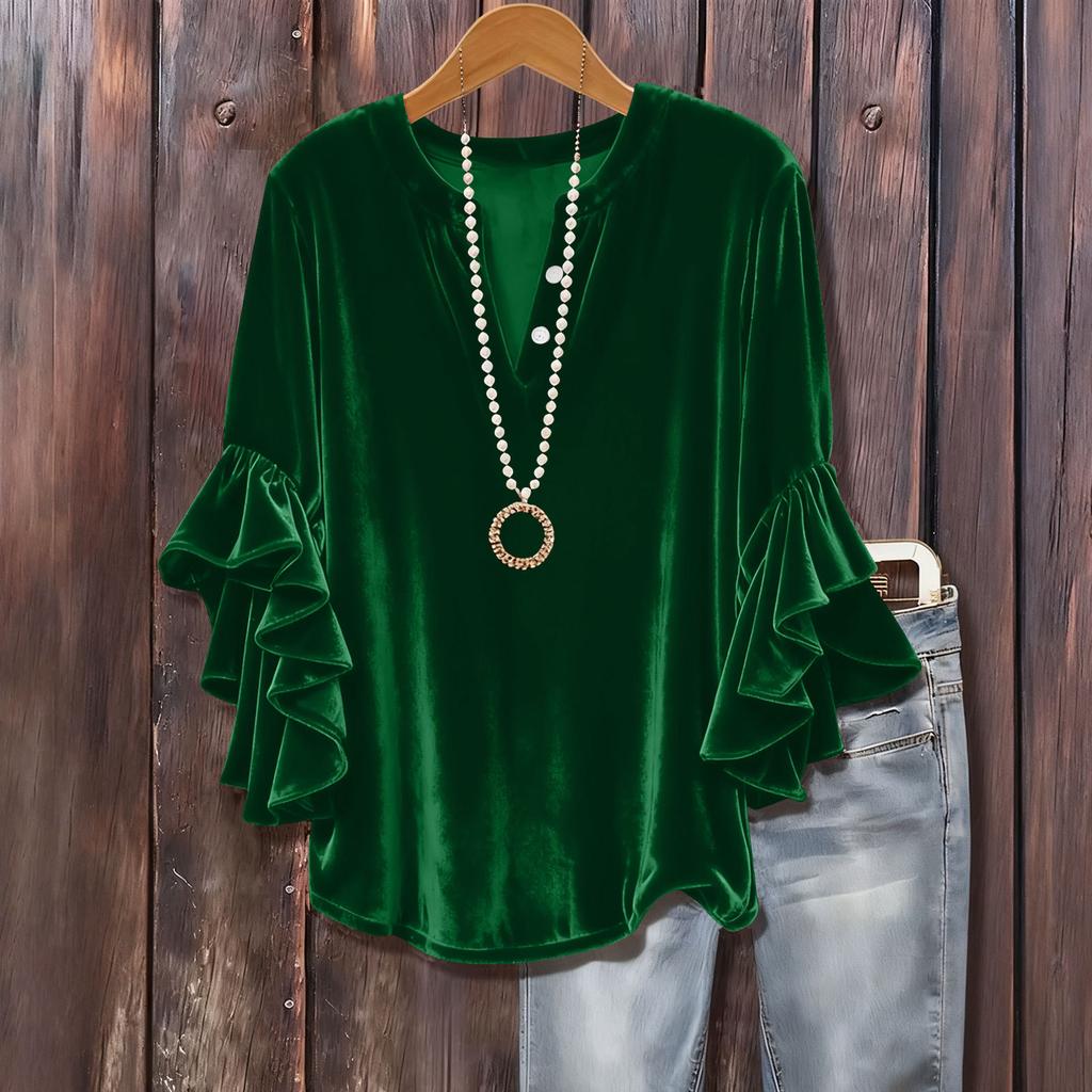 Женский модный однотонный пуловер с V-образным вырезом, рукавом три четверти, на пуговицах, универсальный, свободный, с расклешенным рукавом из золотого бархата