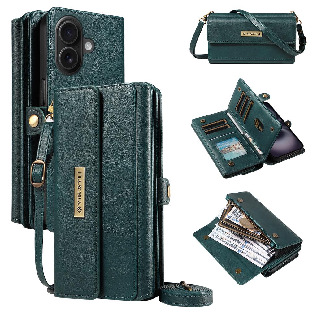 For iPhone 16 Plus Case YIKATU YK-008 Zipper Wallet Leather Phone Cover with Shoulder Strap