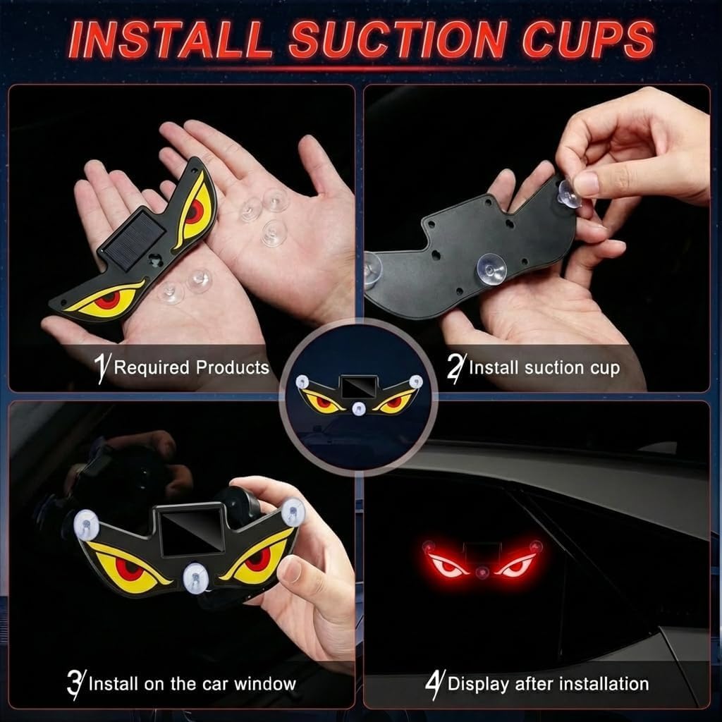 2pcs Solar Demon Eye LED Car Window Light, Wireless No Drill, Waterproof, Animated Devil LED Eyes Light for Car Windshield