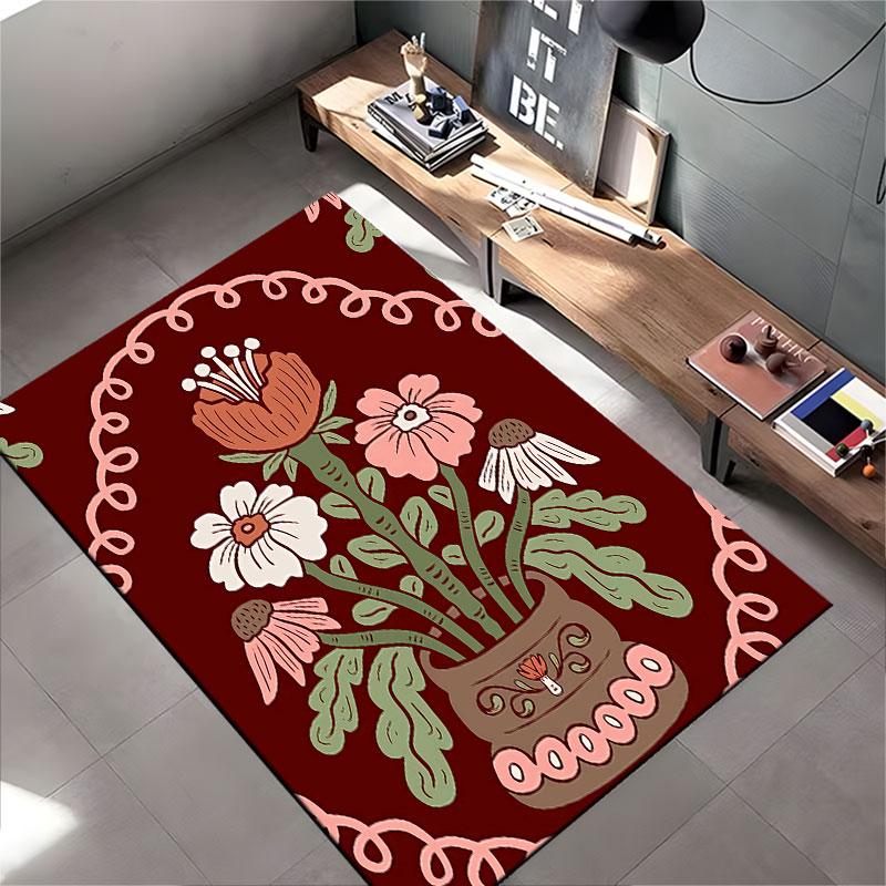 Floral Vase on Red Carpet suitable as a non-slip mat for the living room or bedroom sofa