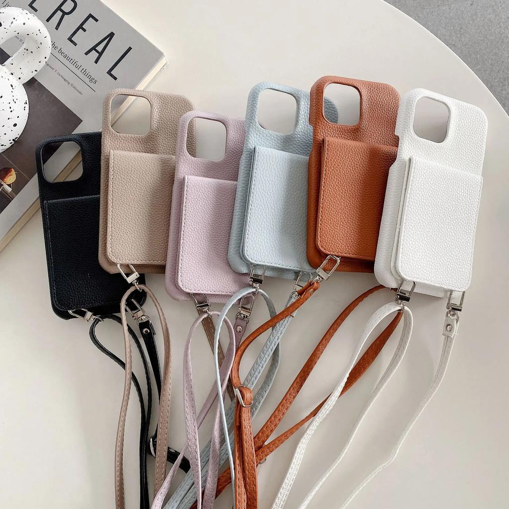 Lanyard Leather Wallet Crossbody Phone Case for IPhone 15 14 13 12 11 Pro Max Mini X XR XS Max 7 8 Plus Card Slot Holder Cover